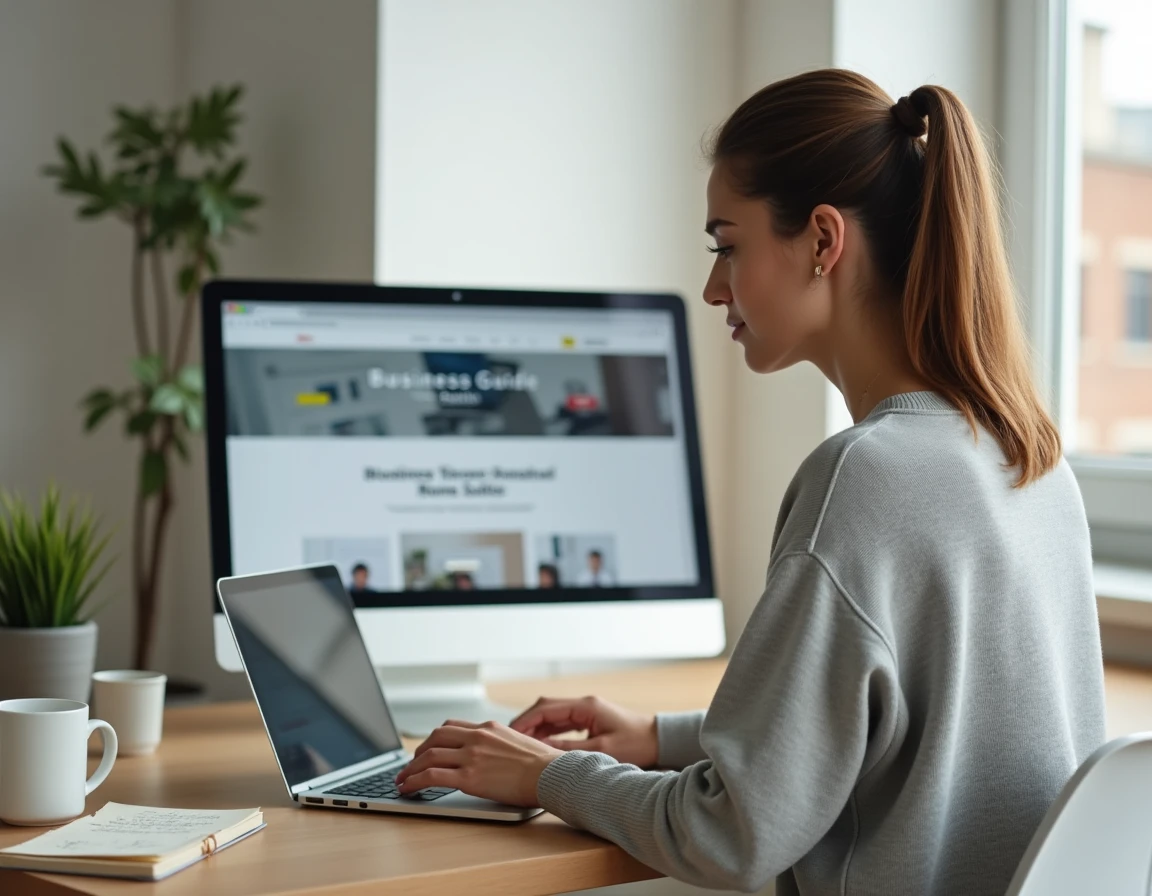 Femme consultant un guide business en ligne sur son ordinateur portable dans un bureau à domicile moderne et épuré