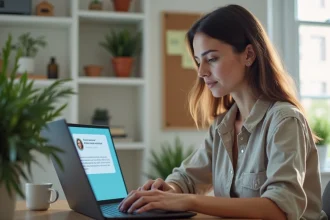Femme utilisant l'IA Mistral Le Chat sur un ordinateur portable dans un bureau à domicile moderne pour automatiser ses tâches quotidiennes