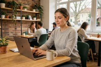 Femme indépendante travaillant dans un espace de coworking moderne à Gradignan, assise devant son ordinateur portable