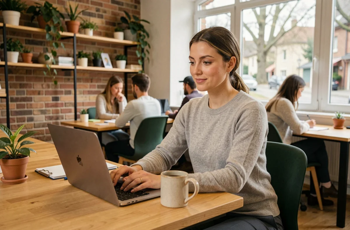 Femme indépendante travaillant dans un espace de coworking moderne à Gradignan, assise devant son ordinateur portable
