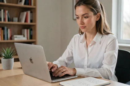 Femme professionnelle utilisant LinkedIn sur un ordinateur portable dans un bureau moderne pour optimiser son profil avec du texte en gras