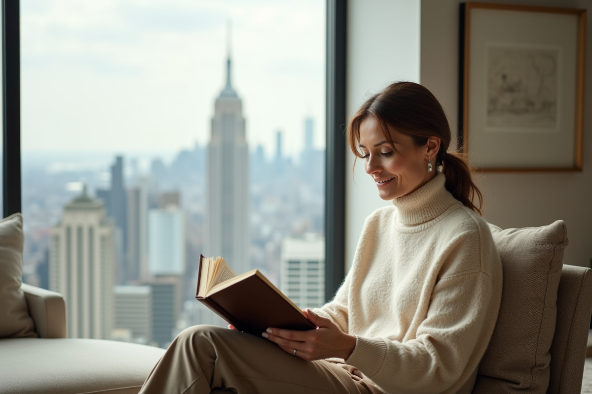 Femme en pull crème lisant un livre d art moderne