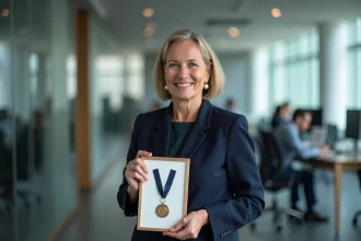 Femme cadre tenant sa médaille du travail dans un bureau moderne, célébrant une récompense professionnelle