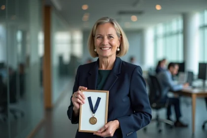 Femme cadre tenant sa médaille du travail dans un bureau moderne, célébrant une récompense professionnelle