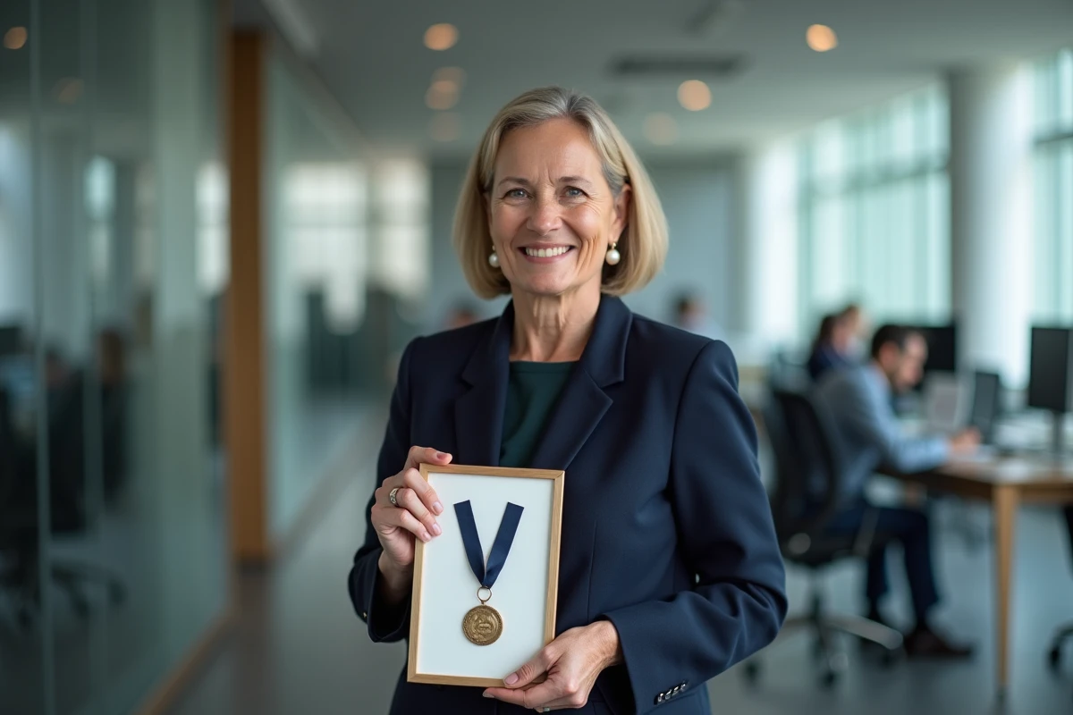 Femme cadre tenant sa médaille du travail dans un bureau moderne, célébrant une récompense professionnelle