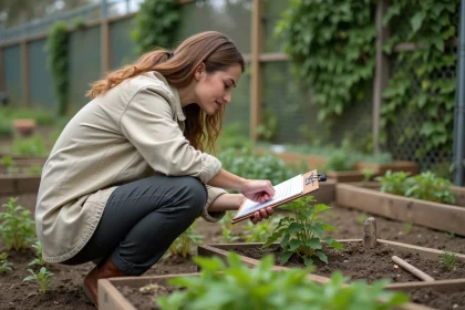 Femme chargée de mission environnementale inspectant des plants dans un jardin de restauration urbaine, illustrant les métiers du réseau TEE