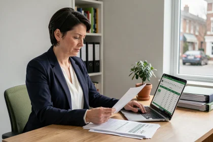 Femme entrepreneur comparant les charges sociales de sa micro-entreprise sur un ordinateur portable dans un bureau à domicile
