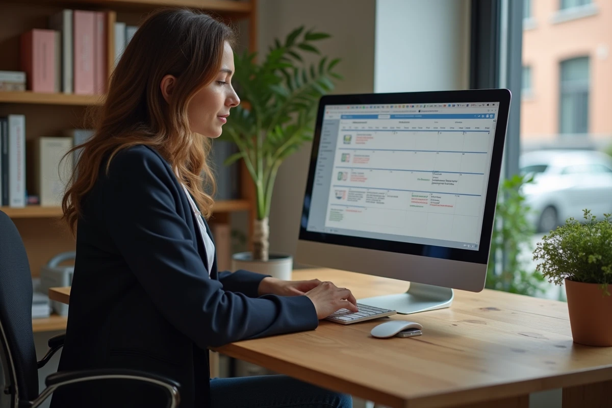 Femme en bureau cosy utilisant un calendrier en ligne
