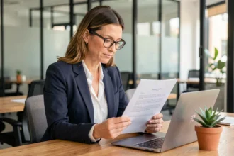 Femme cadre en portage salarial consultant un contrat dans un espace de coworking à Nice