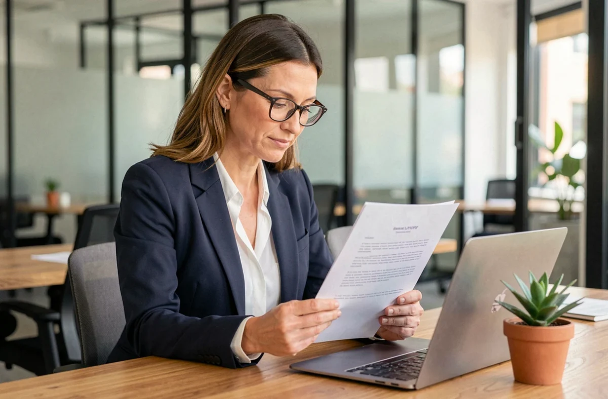 Femme cadre en portage salarial consultant un contrat dans un espace de coworking à Nice