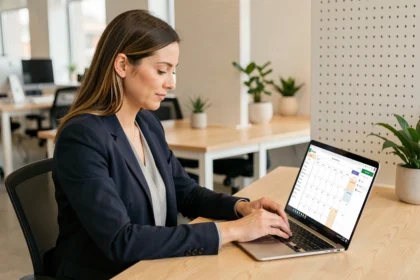 Femme professionnelle utilisant un logiciel d'agenda numérique sur son ordinateur portable dans un bureau moderne