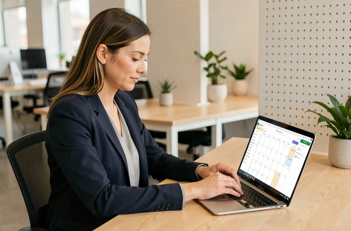 Femme professionnelle utilisant un logiciel d'agenda numérique sur son ordinateur portable dans un bureau moderne