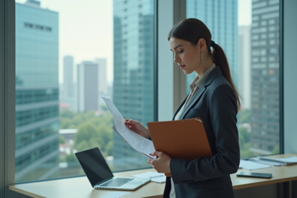 Femme d affaires en bureau moderne avec dossier confidentiel