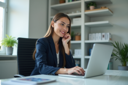 Femme d affaires concentrée sur son ordinateur dans un bureau moderne
