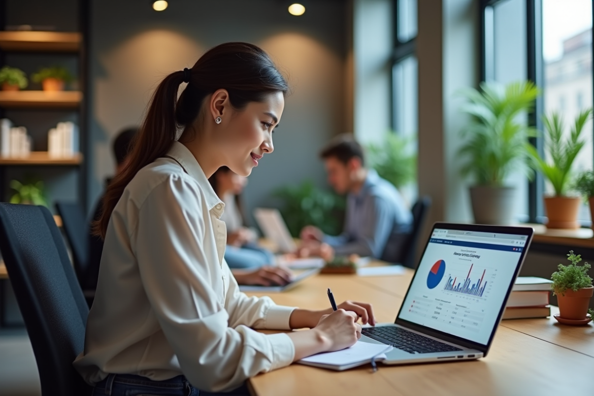 Jeune femme en blouse et jeans prenant des notes en marketing