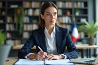 Femme professionnelle en bureau avec documents et drapeau français