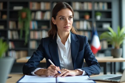Femme professionnelle en bureau avec documents et drapeau français