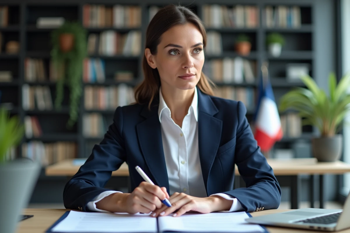 Femme professionnelle en bureau avec documents et drapeau français