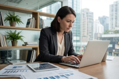Femme professionnelle tapant sur un ordinateur dans un bureau moderne