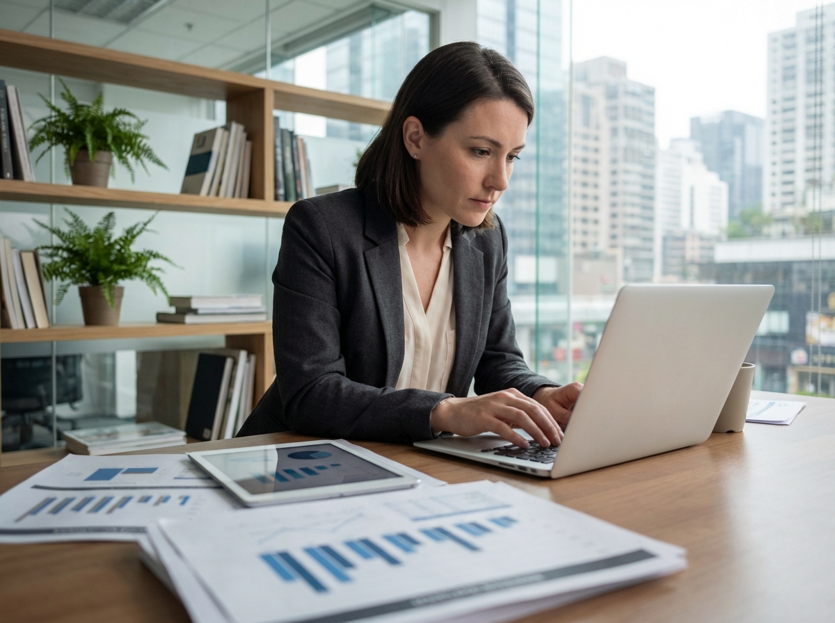 Femme professionnelle tapant sur un ordinateur dans un bureau moderne