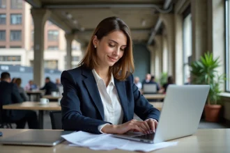Femme professionnelle travaillant sur un ordinateur portable dans l'espace de coworking de Station F à Paris