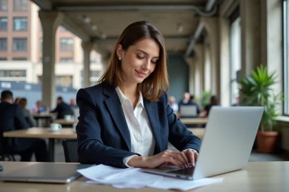 Femme professionnelle travaillant sur un ordinateur portable dans l'espace de coworking de Station F à Paris