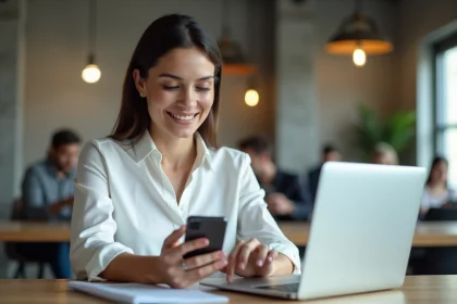 Femme professionnelle répondant rapidement aux messages WhatsApp Business sur son smartphone dans un open space moderne