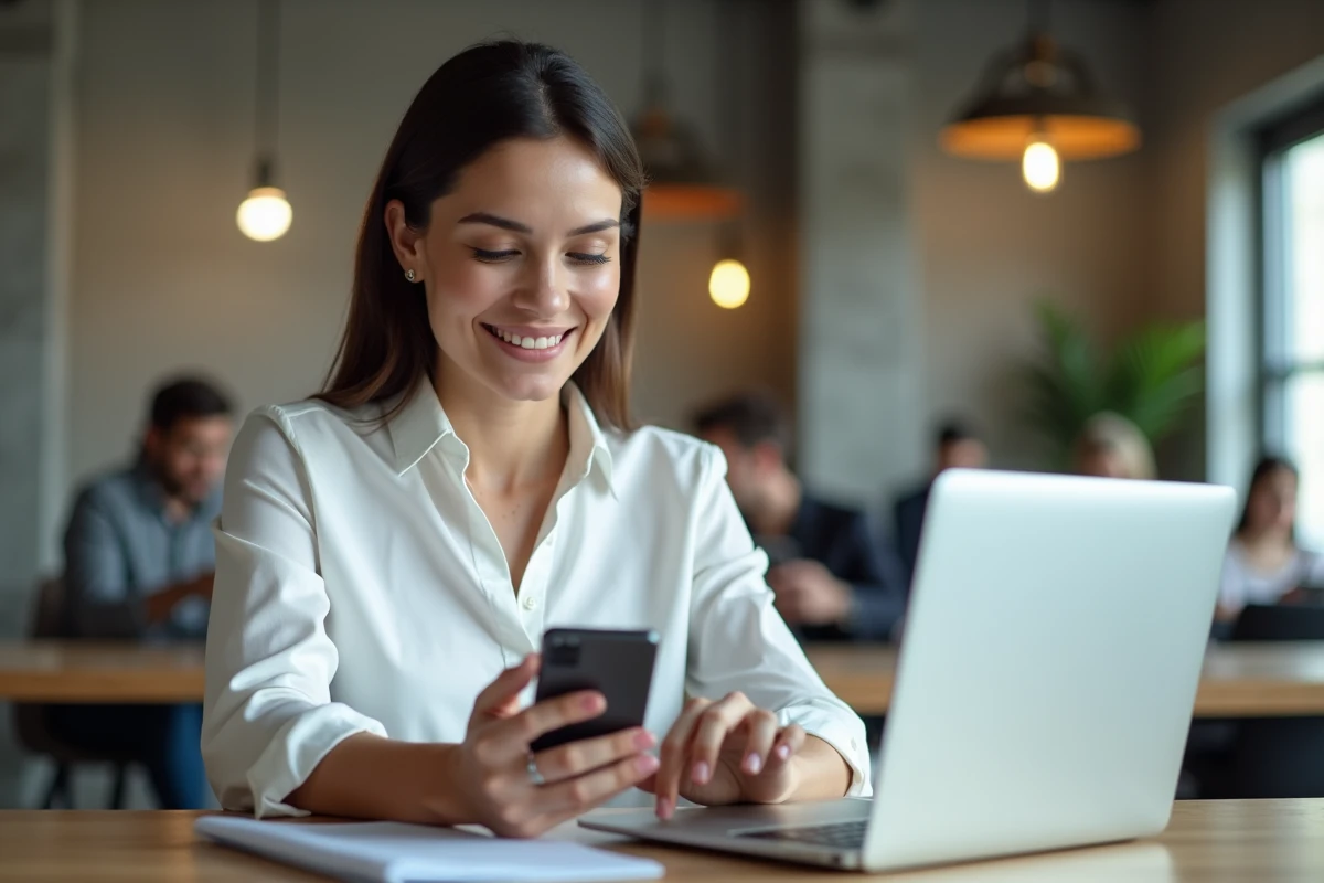 Femme professionnelle répondant rapidement aux messages WhatsApp Business sur son smartphone dans un open space moderne