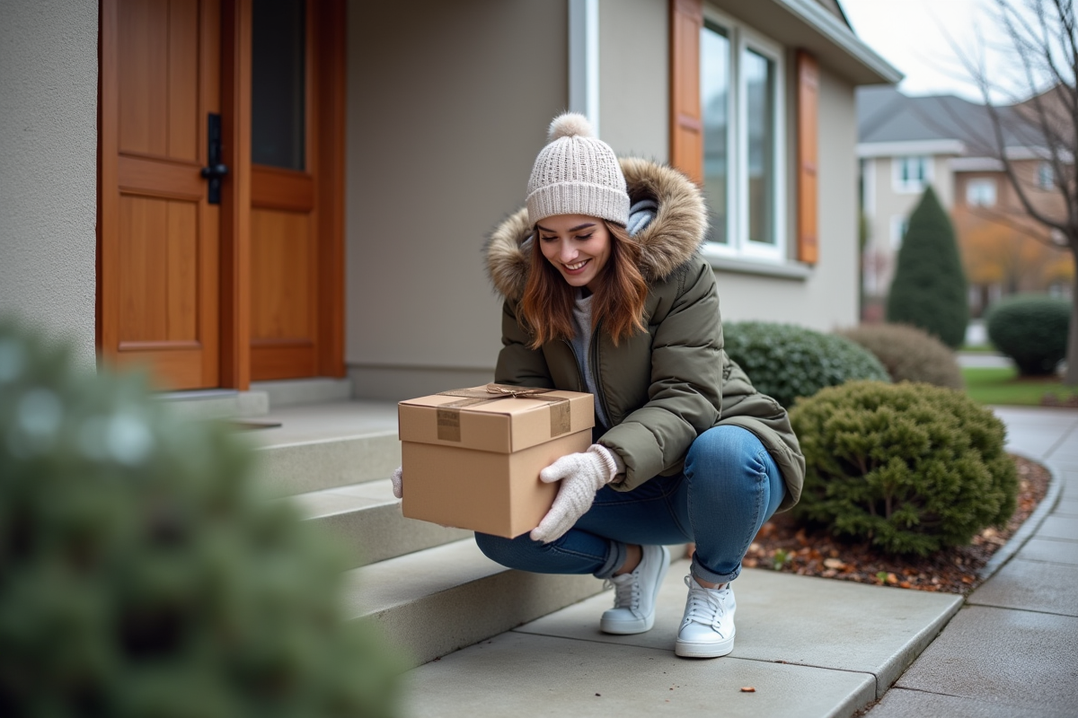 Jeune femme inspectant un colis sur son porche en hiver