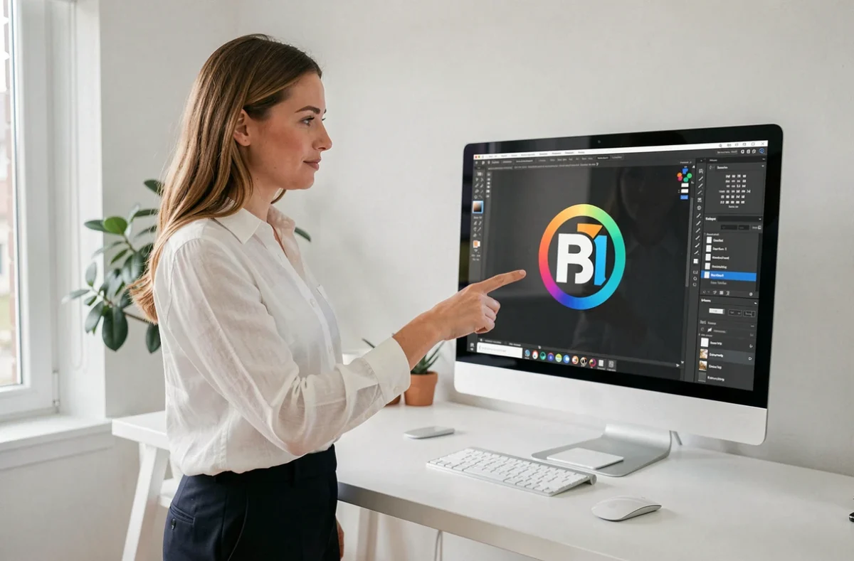 Femme pointant un ancien logo Intermarché en haute définition affiché dans un logiciel de design sur un grand écran d'ordinateur