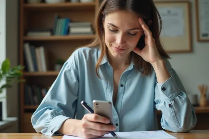 Femme consultant son smartphone pour trouver le numéro de contact Orange, avec un bloc-notes de numéros de téléphone sur un bureau en bois
