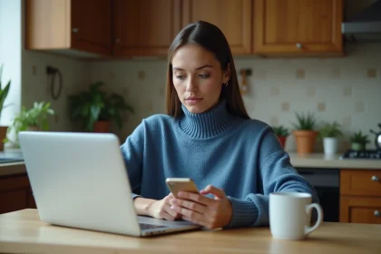 Femme cherchant un contact service client dans sa cuisine