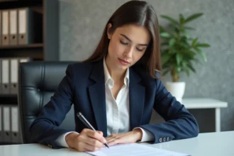 Femme professionnelle écrit une lettre dans un bureau moderne