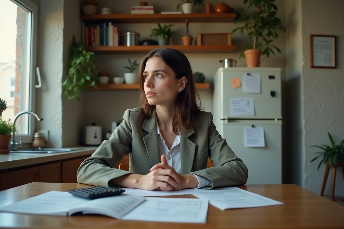 Jeune femme pensant à ses papiers dans une cuisine