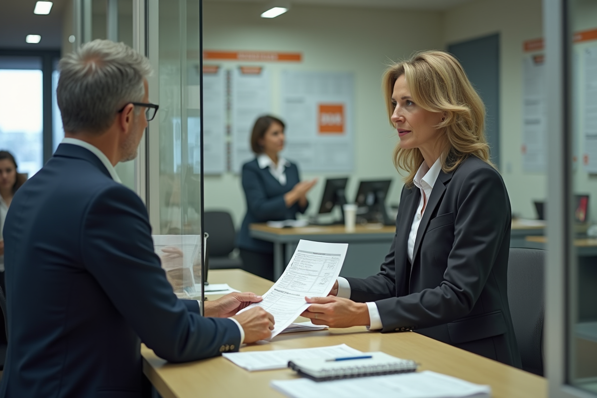 Femme remettant des papiers fiscaux à un agent administratif