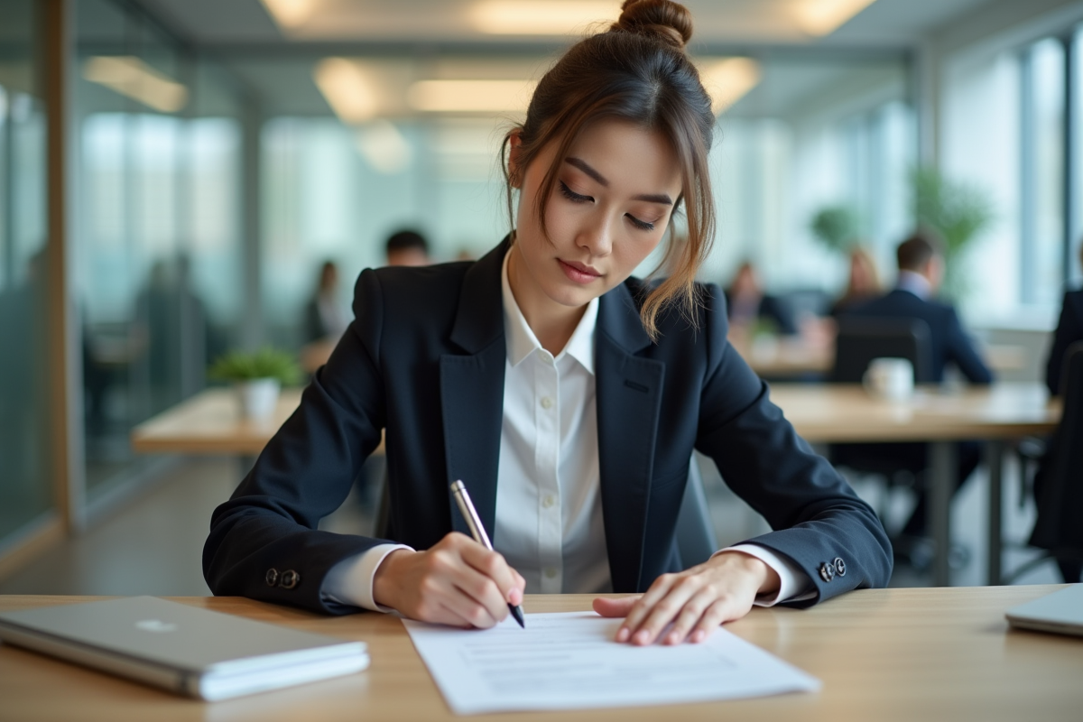Femme au bureau signant un document de securite