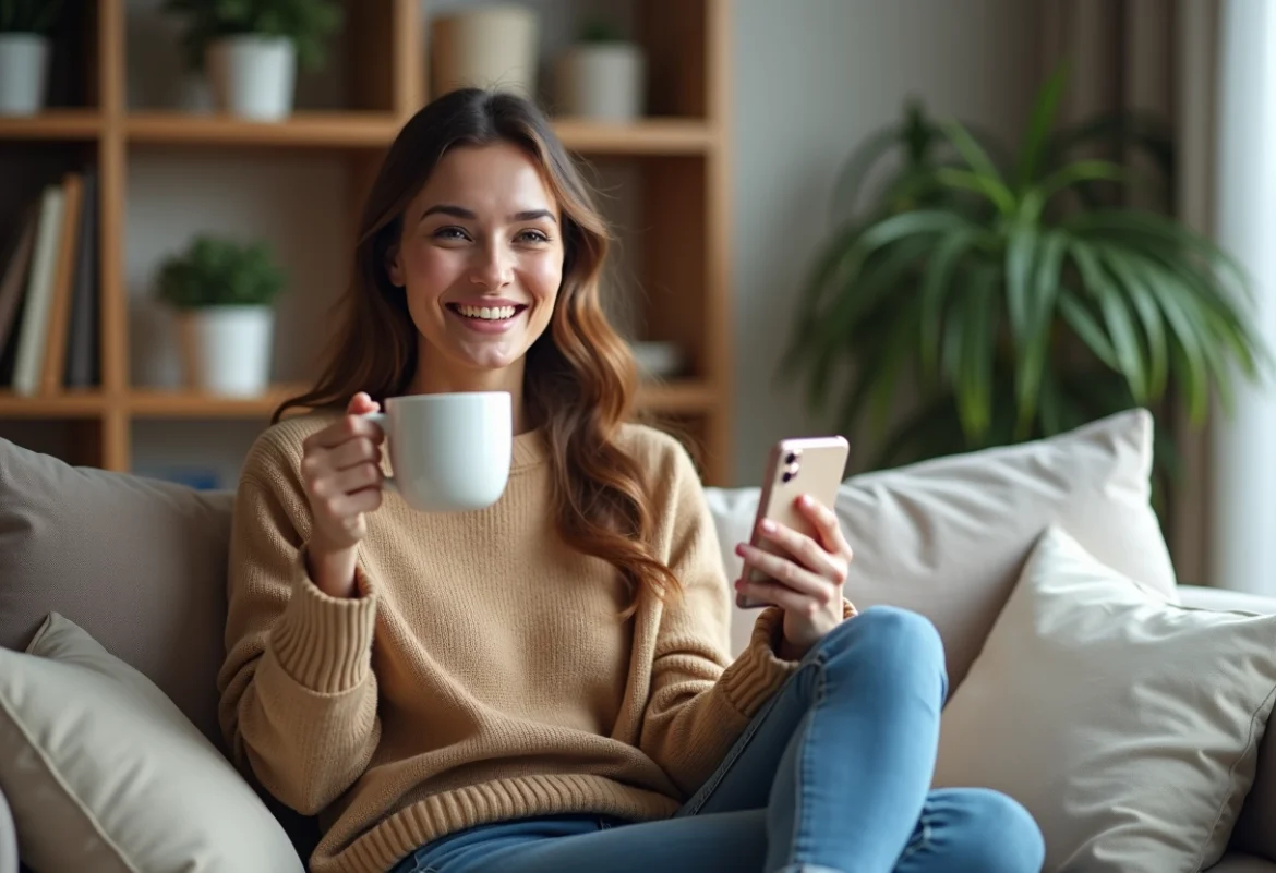 Femme souriante avec mug dans un salon cosy