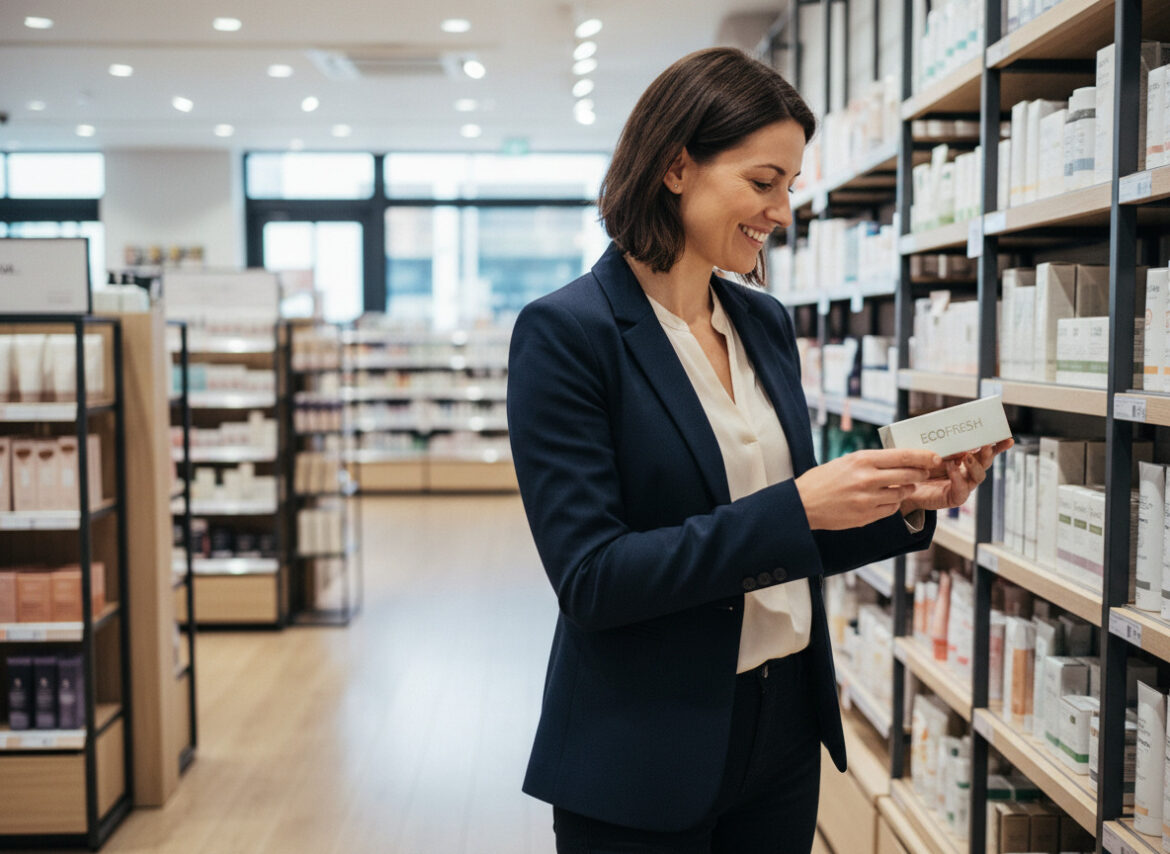 Femme souriante examinant un support marketing en magasin