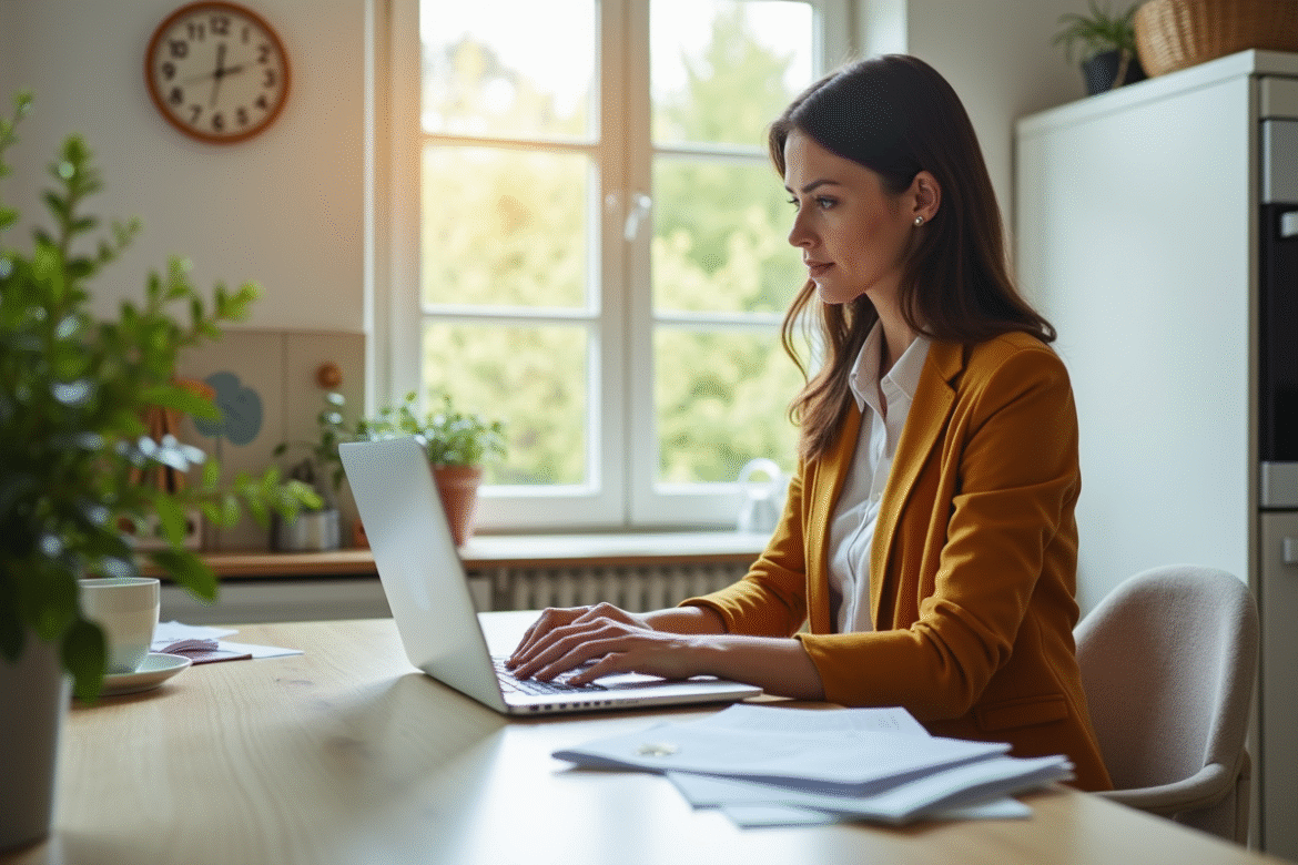 Femme professionnelle travaillant à domicile sur un ordinateur