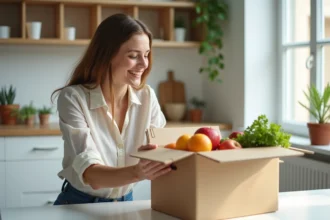 Femme souriante déballant des fruits frais dans la cuisine