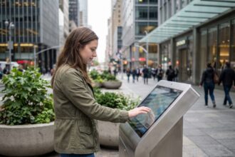 Jeune femme interagissant avec un écran tactile urbain