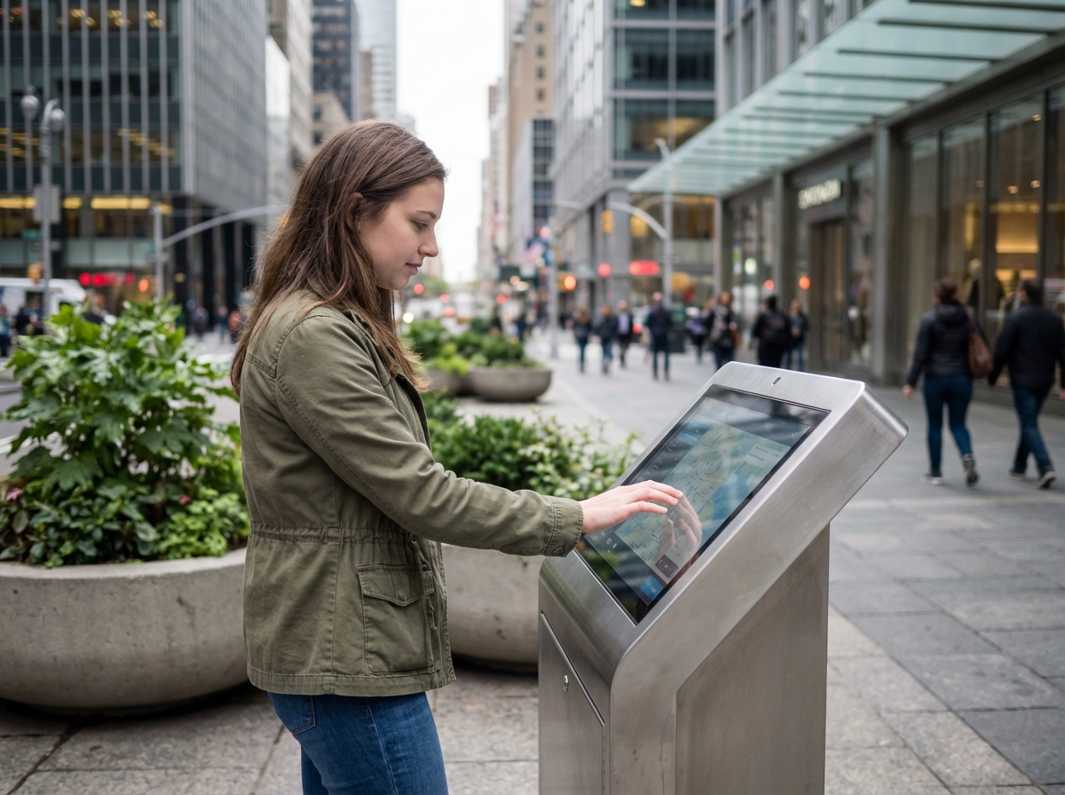 Jeune femme interagissant avec un écran tactile urbain