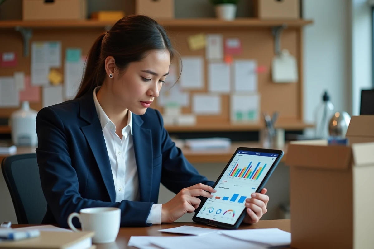 Jeune femme en bureau retail examinant des chiffres sur tablette