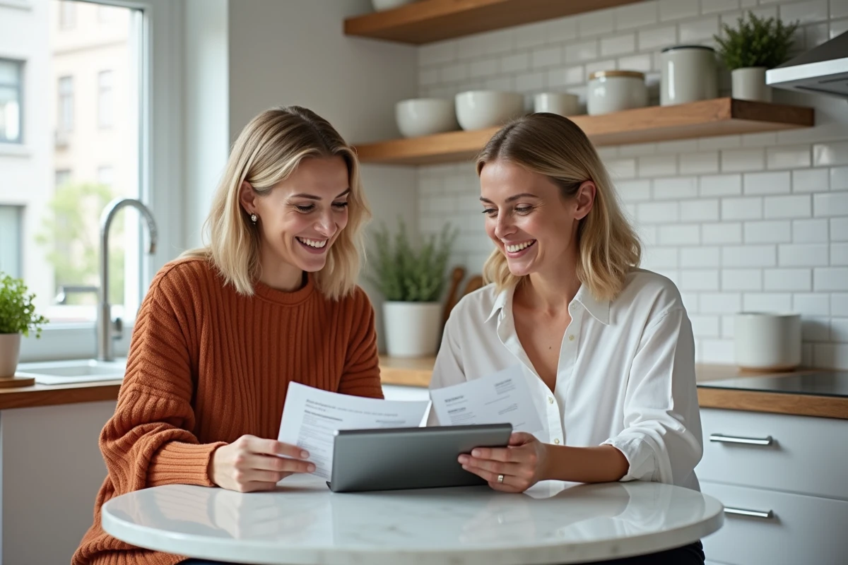 Deux femmes comparant des avis et échantillons de produits de décoration murale sur une tablette dans une cuisine contemporaine