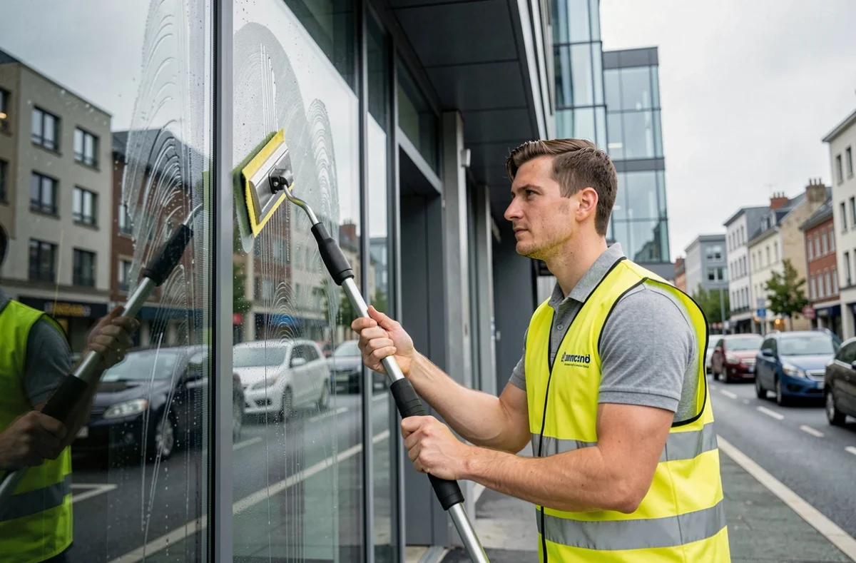 Agent Fily Nettoyage lavant les vitres d'une façade commerciale moderne en milieu urbain à Nantes