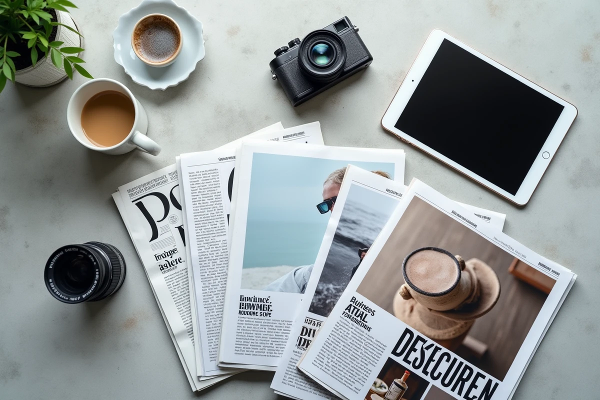 Flat-lay éditorial de magazines business et matériel photo sur bureau en béton