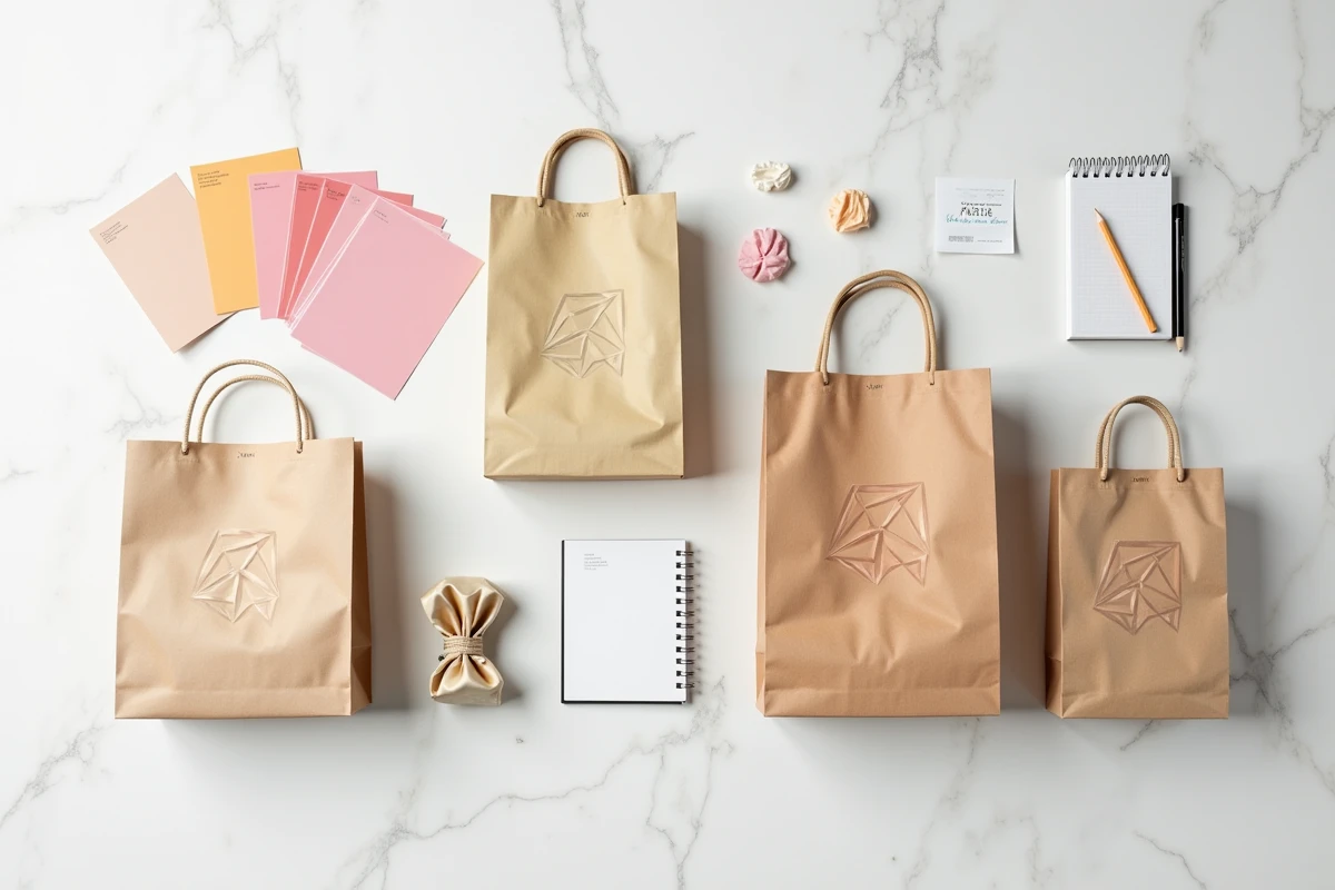 Flat lay de sacs papier personnalisés en série courte avec swatches couleur et croquis, illustrant la flexibilité de l'impression numérique en petite quantité