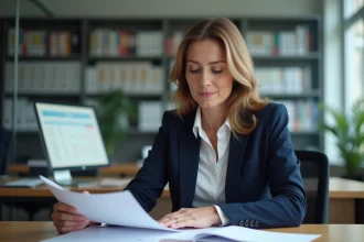 Fonctionnaire de catégorie A en collectivité territoriale consultant une grille salariale dans un bureau administratif municipal