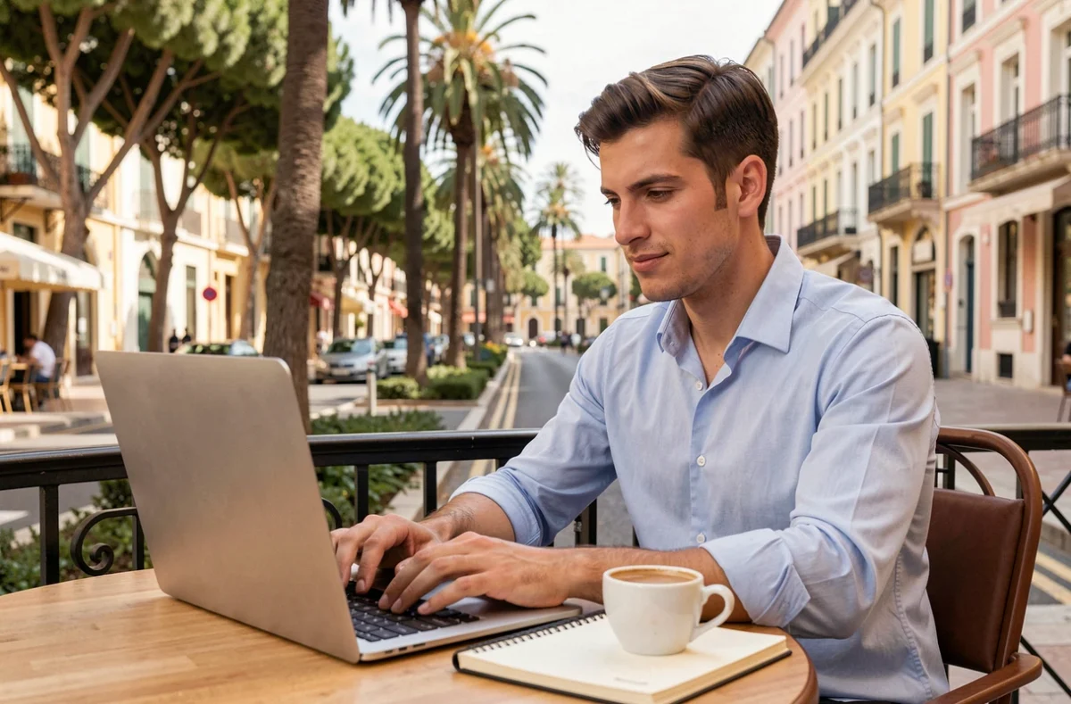 Freelance en portage salarial travaillant en terrasse à Nice avec un ordinateur portable