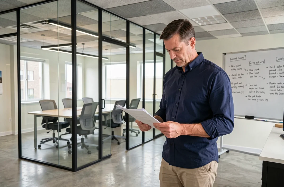 Freelance masculin en train d'étudier des documents dans la zone de réunion d'un coworking à Gradignan